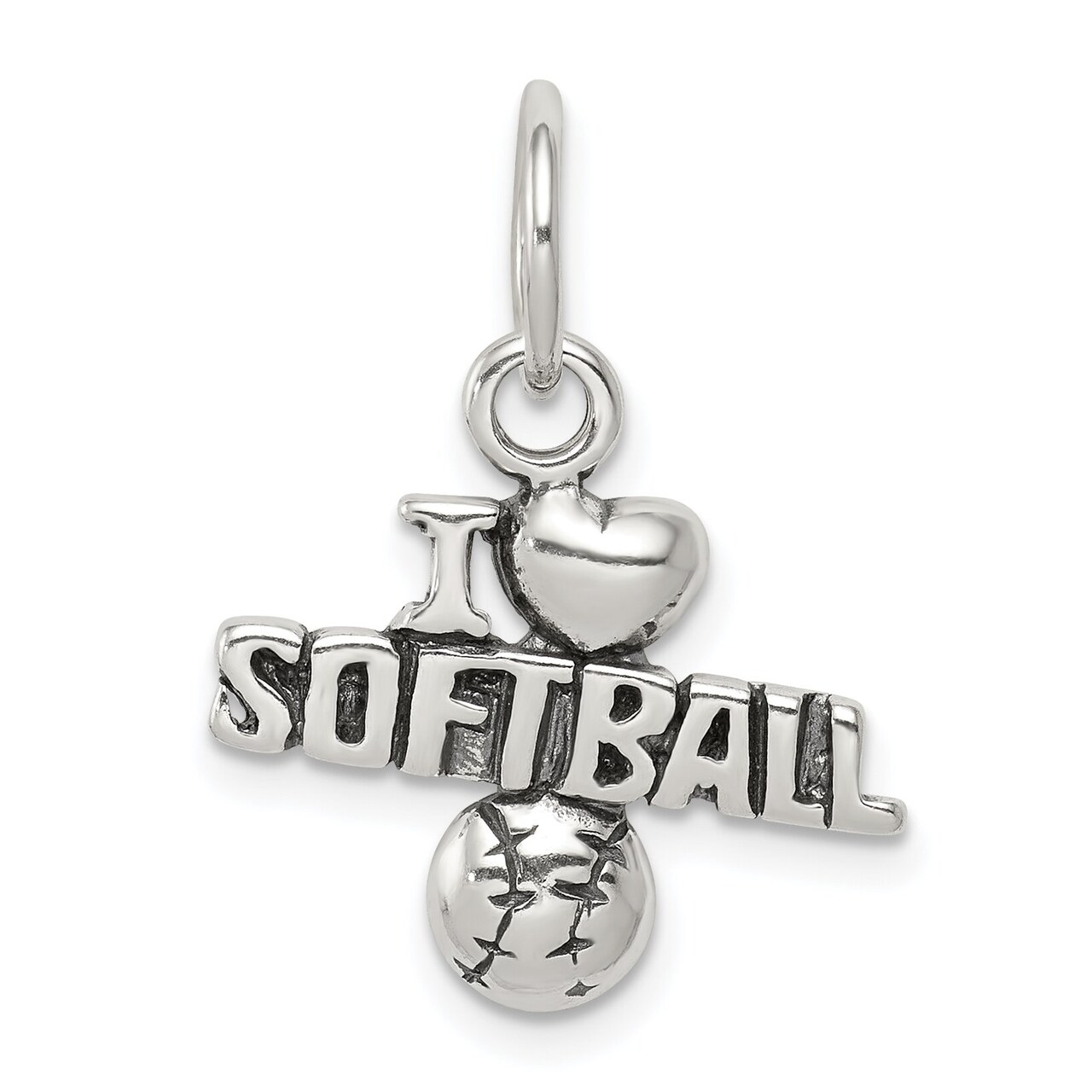 Sterling Silver Antiqued I Love Softball Charm Pendant Jewerly 17mm x 18mm